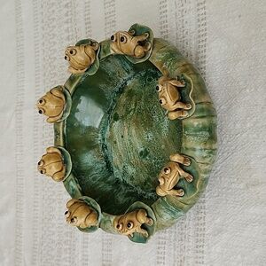 Frog figurine flower plant pot studio  pottery ceramic signed #13 green tan